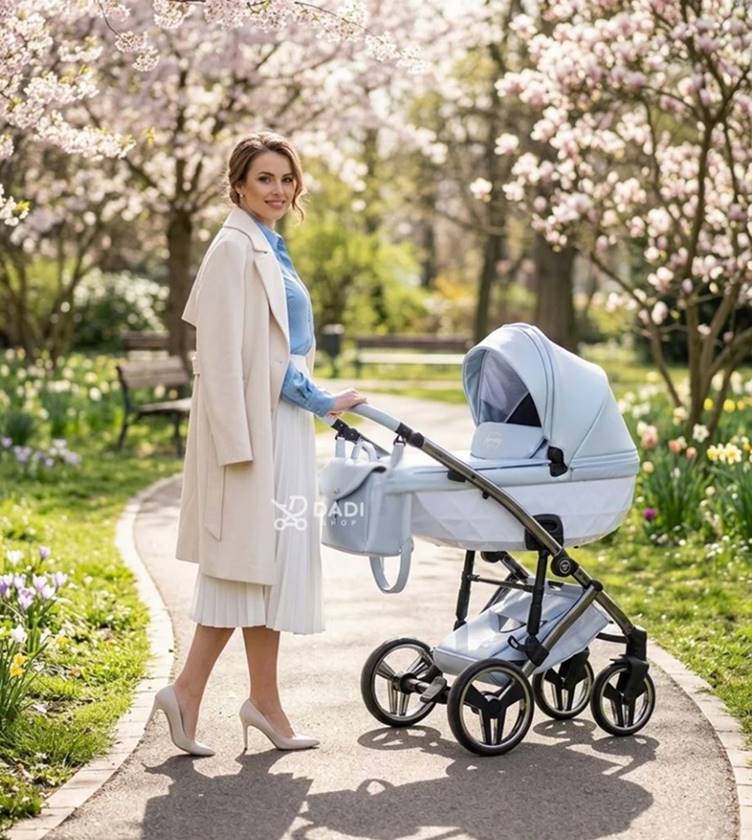 Junama Candy Premium 03 Blue 3-in-1 stroller – woman taking a spring walk in the park