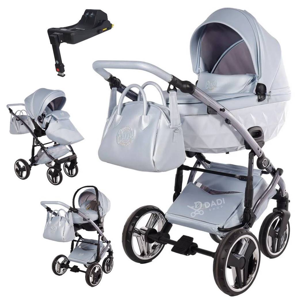 Light blue Junama Candy Premium 03 4-in-1 stroller set with carrycot, seat unit, car seat, and ISOFIX base on a white studio background.