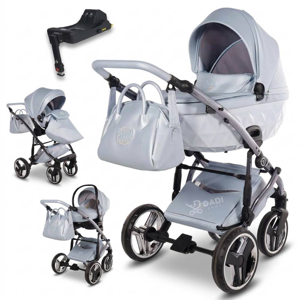Błękitny zestaw wózka wielofunkcyjnego 4w1 Junama Candy Premium 03 z gondolą, spacerówką, fotelikiem i bazą ISOFIX na białym tle studio.