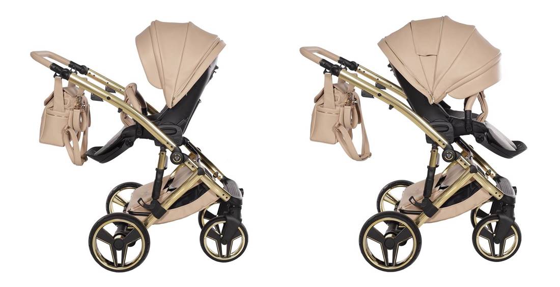 Wielofunkcyjna spacerówka Junama Candy Premium z możliwością montażu przodem lub tyłem do kierunku jazdy, regulacją oparcia, ekoskórzanym pałąkiem i ochroną przed deszczem.