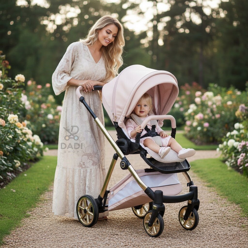 Kobieta z dzieckiem w różowej spacerówce Junama Ellegante Art Deco 01 Pink w ogrodzie. Widoczny złoty stelaż i stylowy design wózka.