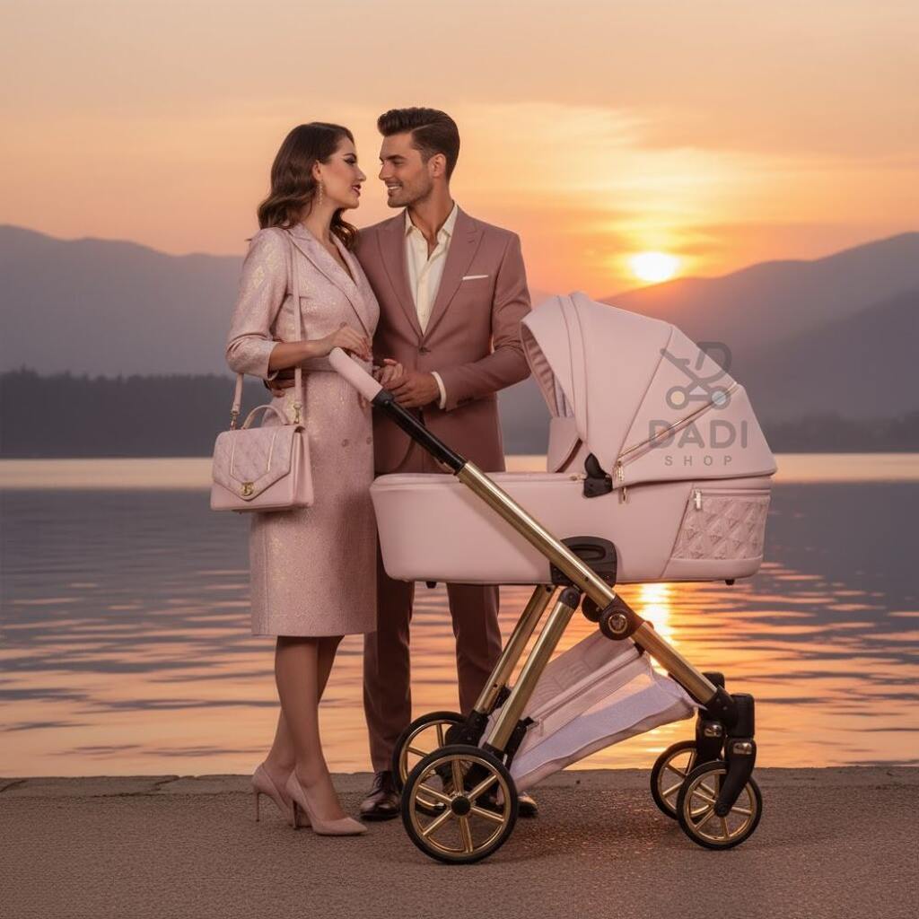 Para w eleganckich strojach z wózkiem Junama Ellegante Art Deco 2w1 Pink. Gondola o zachodzie słońca.