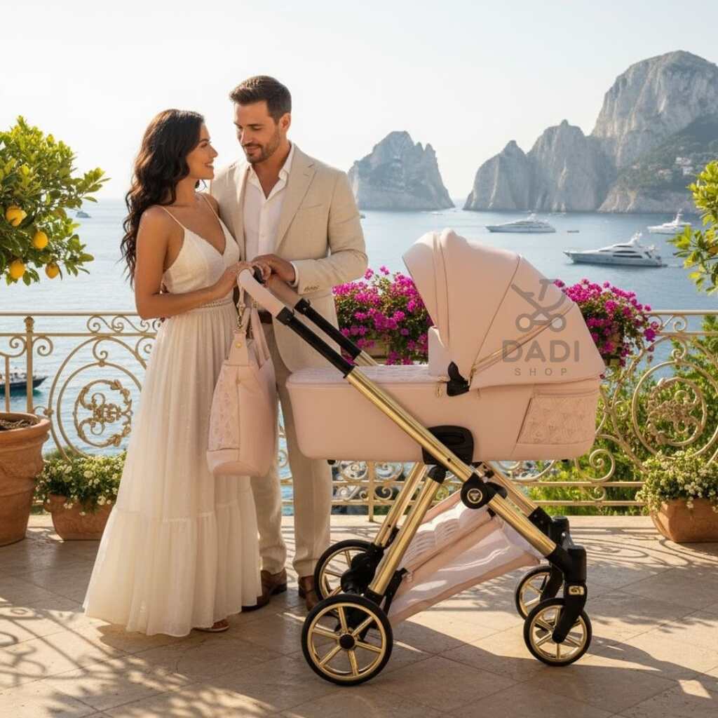 Elegancka para na tarasie z widokiem na morze i góry, prezentująca różowy wózek Junama Ellegante Art Deco 01 Pink ze złotymi detalami.