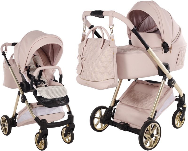 Wielofunkcyjny zestaw wózków Junama Ellegante Art Deco 2w1, gondola i spacerówka w pudrowym różu i złotym stelażu.