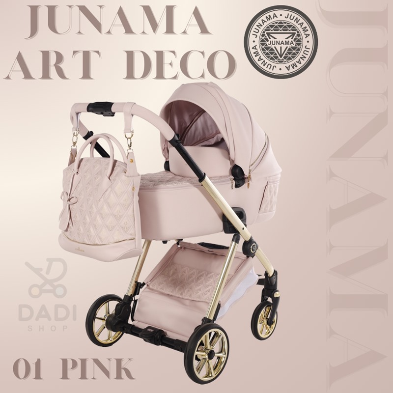 Animacja wózka Junama Ellegante Art Deco 01 Pink prezentująca płynną zmianę między gondolą, spacerówką i fotelikiem na lśniącym złotym stelażu.