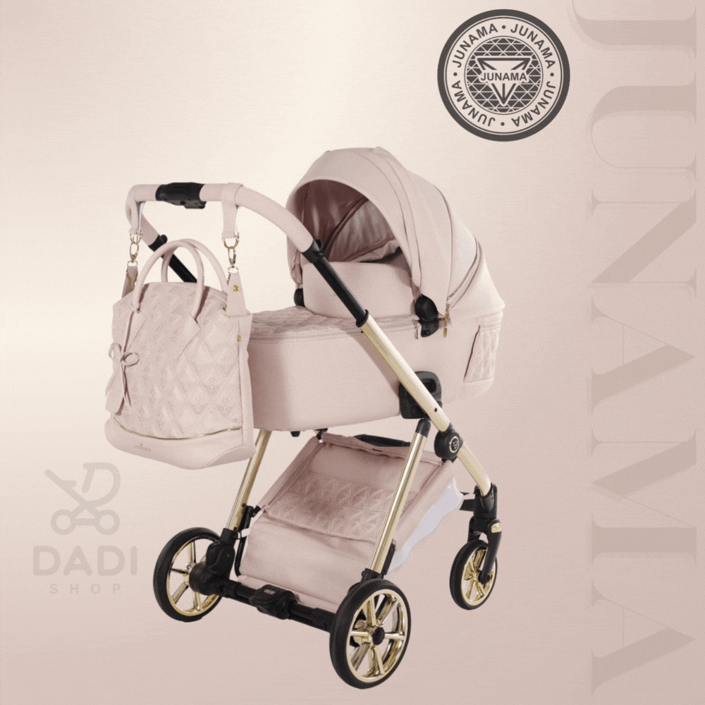 Animacja wózka Junama Ellegante Art Deco 01 Pink prezentująca płynną zmianę między gondolą, spacerówką i fotelikiem na lśniącym złotym stelażu.