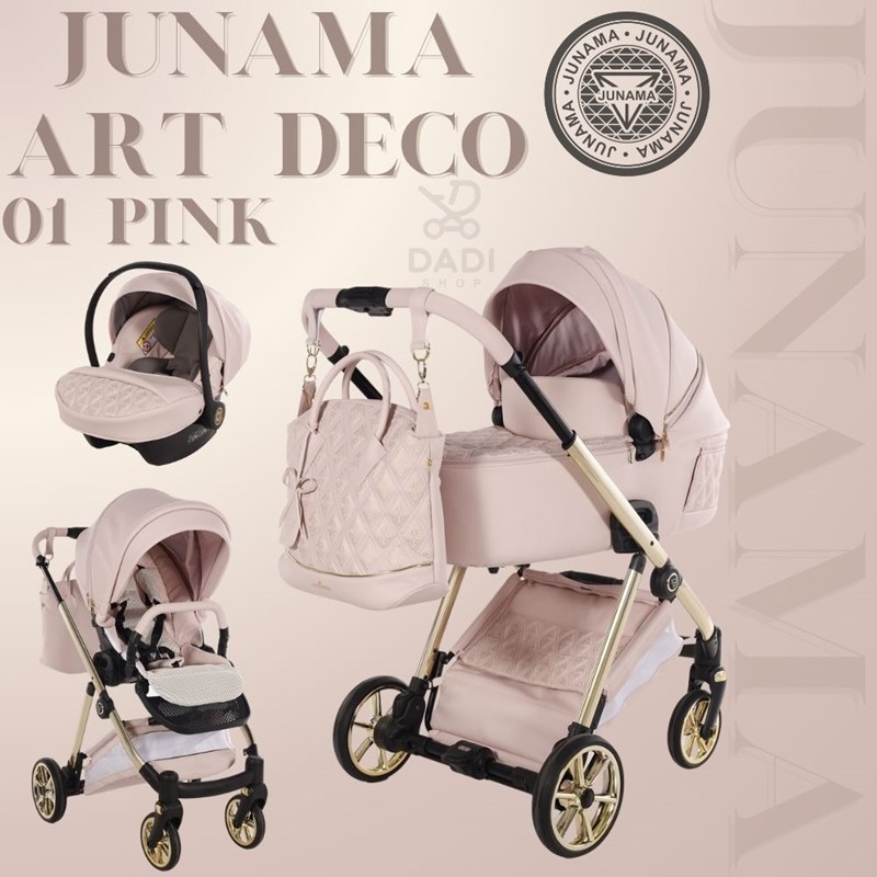 Junama Art Deco 01 Pink: różowy wózek 3w1 na złotym stelażu z gondolą, spacerówką i fotelikiem.