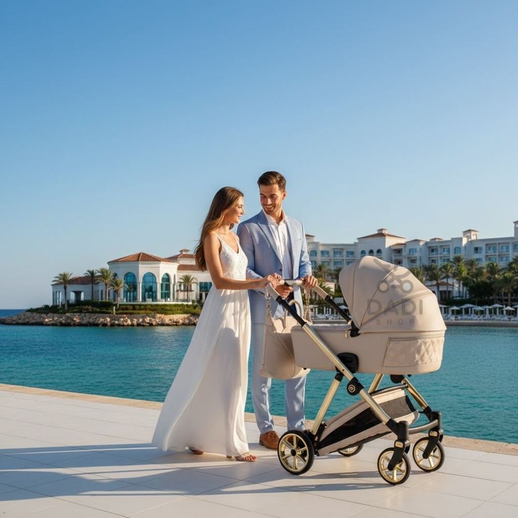 Elegancka para z wózkiem Junama Art Deco 02 nad błękitną wodą. Luksusowy zestaw w kolorze beżowym.