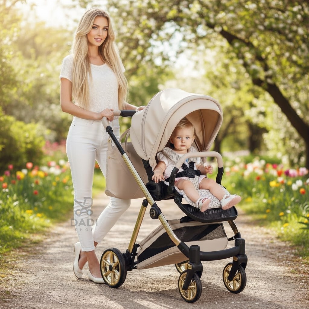 Mama na spacerze z dzieckiem w spacerówce Junama Ellegante 02 Beige. Luksusowy wózek w słonecznym ogrodzie.