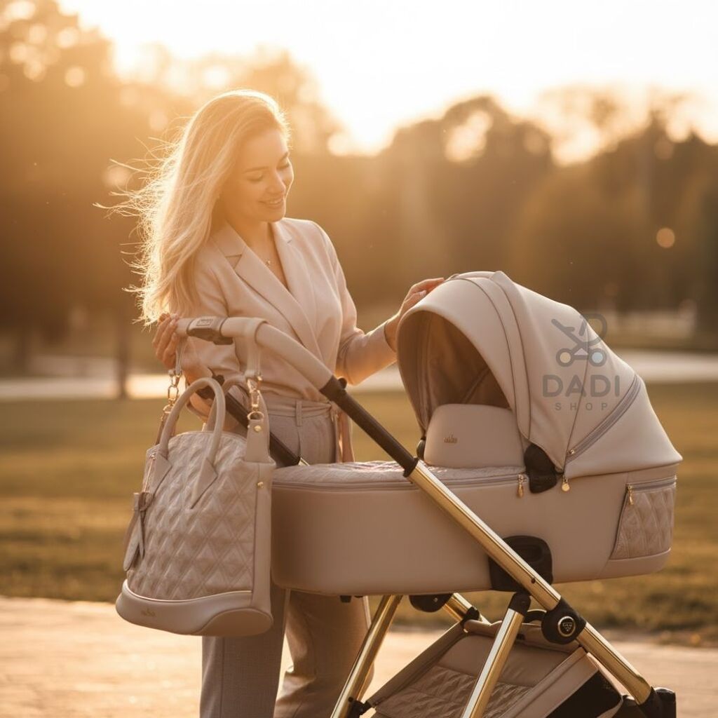 Kobieta z wózkiem Junama Ellegante Art Deco 02 Beige w parku. Detale złotego stelaża i elegancka gondola.