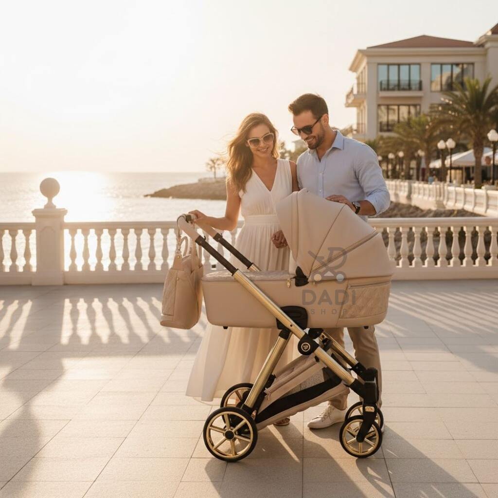Para na nadmorskim bulwarze z luksusowym wózkiem Junama Ellegante Art Deco 02 w kolorze beżowym. Zachód słońca.