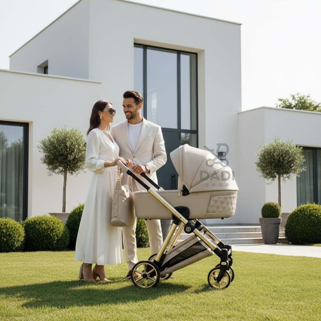 Para z wózkiem Junama Ellegante Art Deco 02 Beige w ogrodzie przed nowoczesnym białym domem.