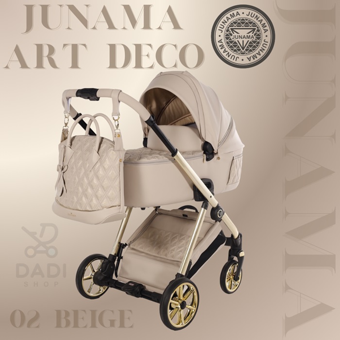 Junama Art Deco 02 beige wózek 4w1. Wózek wielofunkcyjny dziecięcy zestaw 4w1 w kolorze beżowym. Sklep dadi shop.