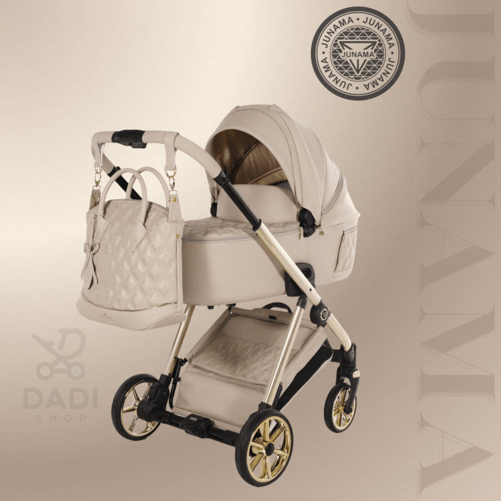 Junama Art Deco 02 beige wózek 3w1. Animacja GIF demonstrująca płynną transformację głębokiej gondoli w moduł spacerówki i fotelik na stelażu.