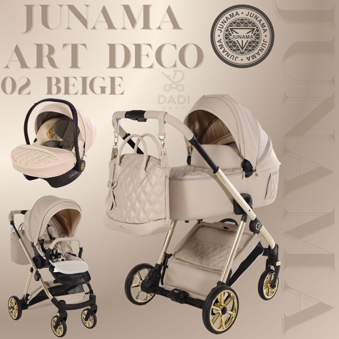 Beżowy wózek Junama Art Deco 3w1: gondola, spacerówka i fotelik. Luksusowy design z geometrycznym wzorem, złotym stelażem i błyszczącymi felgami.