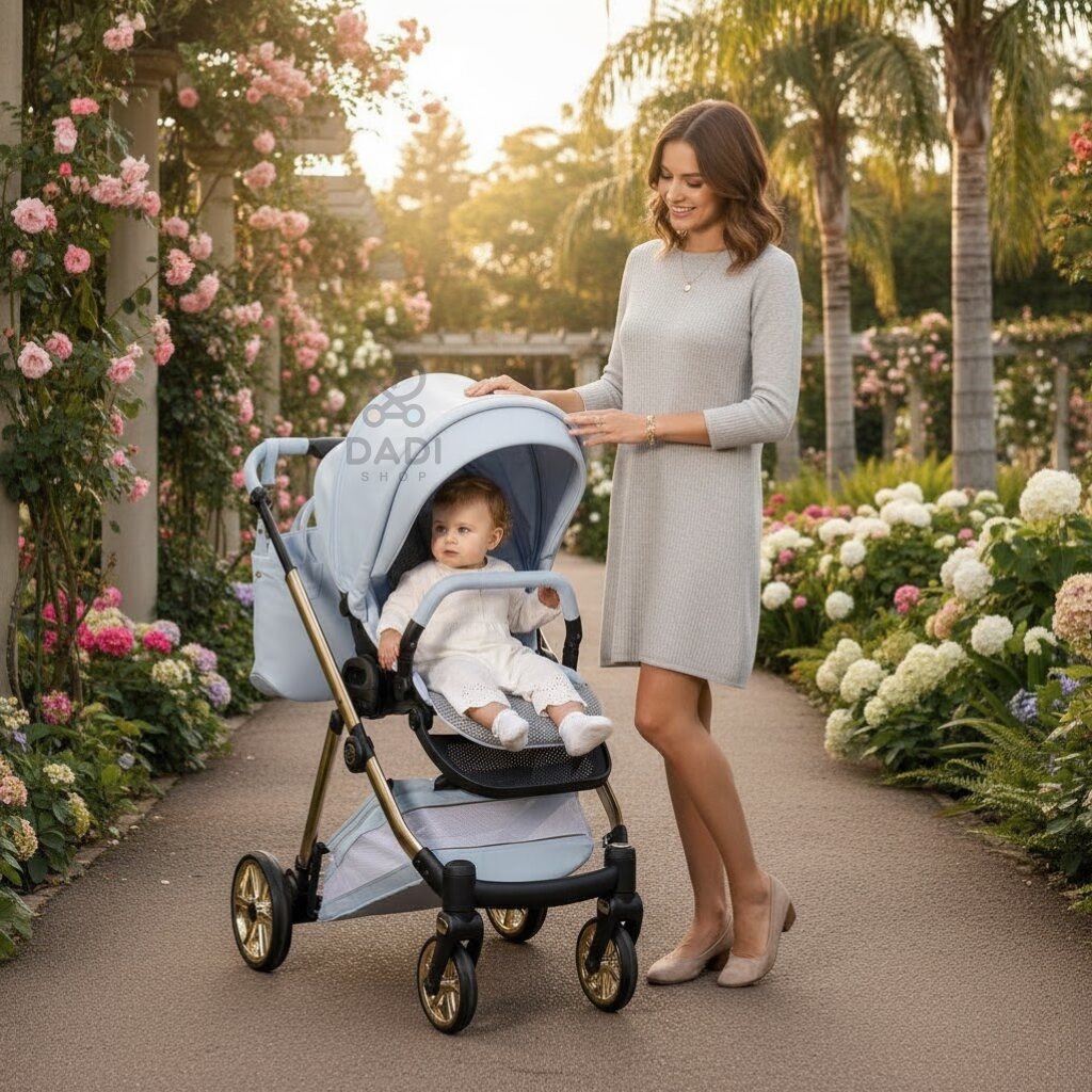 Kobieta w szarej sukience obok błękitnej spacerówki Junama Ellegante Art Deco 03 Blue w kwitnącym ogrodzie. Złote detale i luksusowe wykończenie.