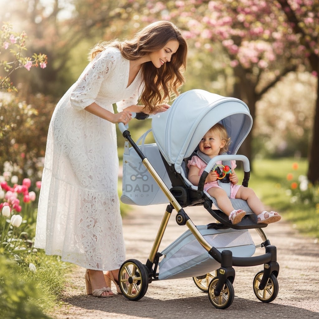 Mama w białej sukience z uśmiechniętym dzieckiem w błękitnej spacerówce Junama Ellegante Art Deco 03 Blue. Spacer w kwitnącym ogrodzie.