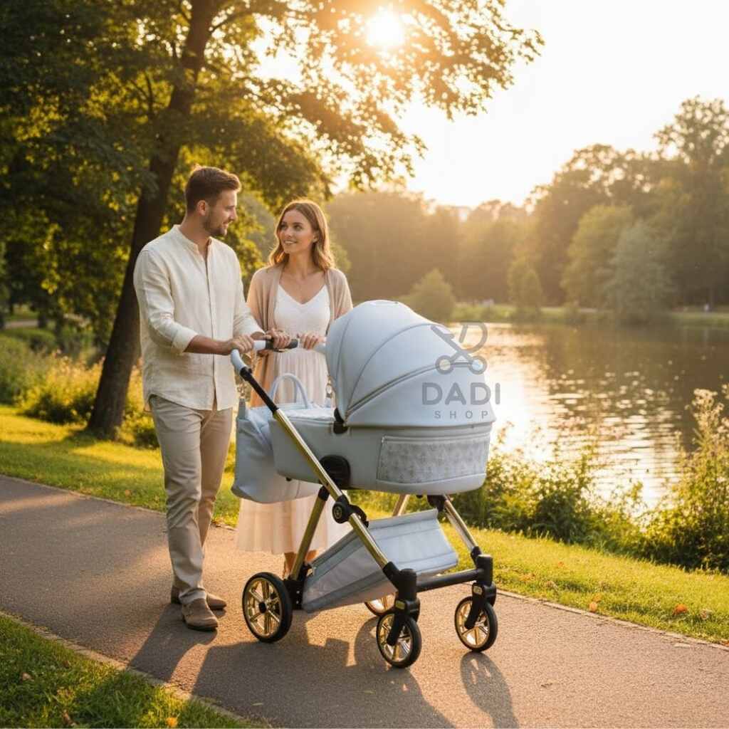 Para na spacerze w parku nad jeziorem z błękitnym wózkiem Junama Ellegante Art Deco 03 Blue. Złoty stelaż wózka lśni w promieniach zachodzącego słońca.