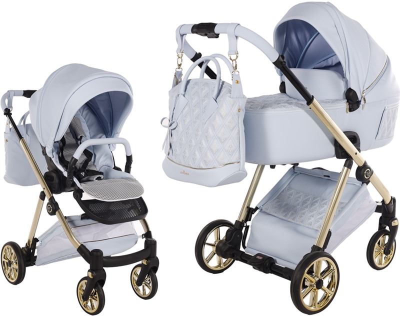 Zestaw 2w1 Junama Ellegante Art Deco 03 Blue: błękitna gondola oraz spacerówka na złotym stelażu. Widoczne luksusowe detale i dopasowana torba.