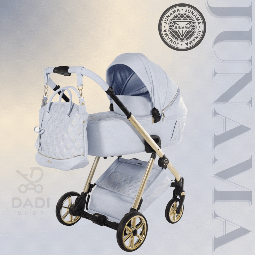 Błękitny wózek 2w1 Junama Ellegante Art Deco 03 Blue ze złotym stelażem i torbą. Animacja pokazuje gondolę i spacerówkę na jasnym tle.
