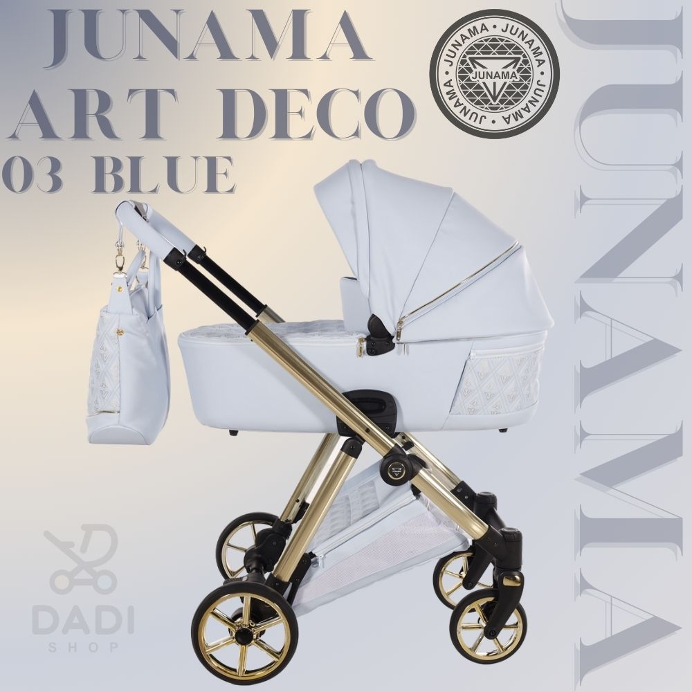 Błękitny wózek wielofunkcyjny dziecięcy Junama Ellegante Art Deco 03 Blue Zestaw 4w1 na jasnym tle.