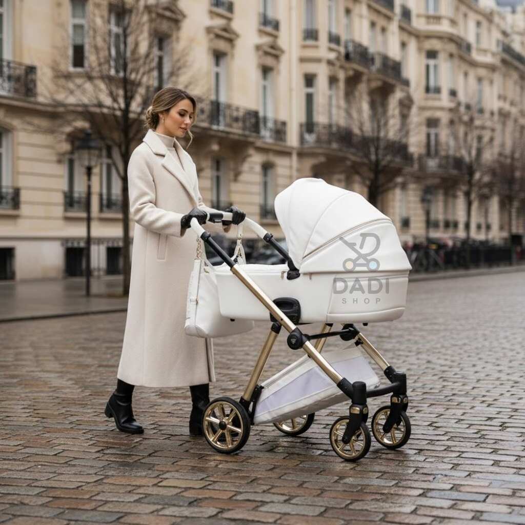 Kobieta w beżowym płaszczu prowadzi biały wózek Junama Ellegante Art Deco 04 na złotym stelażu po mokrej od deszczu, nowoczesnej ulicy.