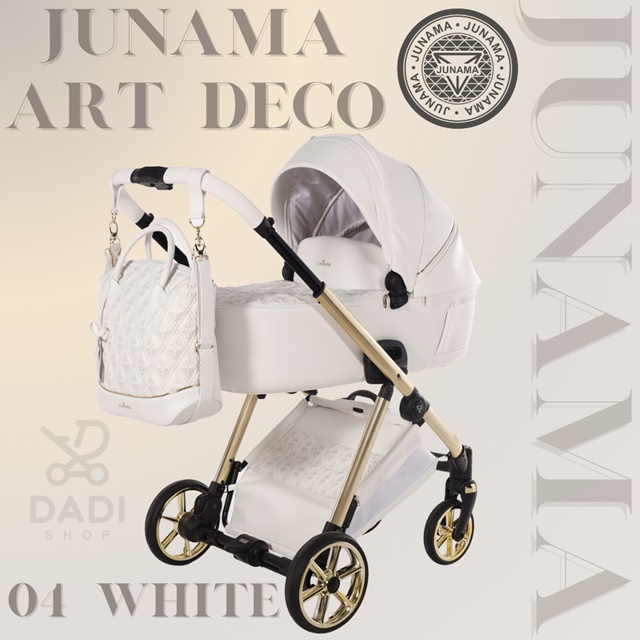 Biały wózek dziecięcy Junama Ellegante Art Deco na złotym stelażu z dopasowaną torbą.