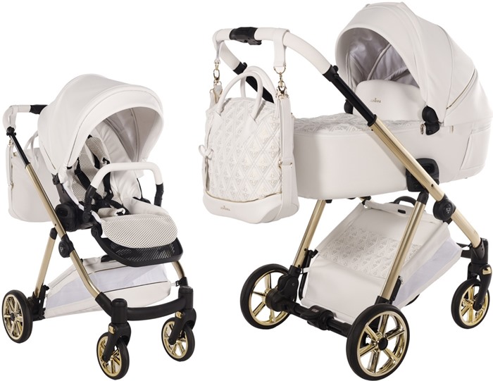 Biały wózek wielofunkcyjny Junama Ellegante Art Deco 04 w wersji głębokiej i spacerowej na złotym stelażu z luksusowymi, geometrycznymi detalami.