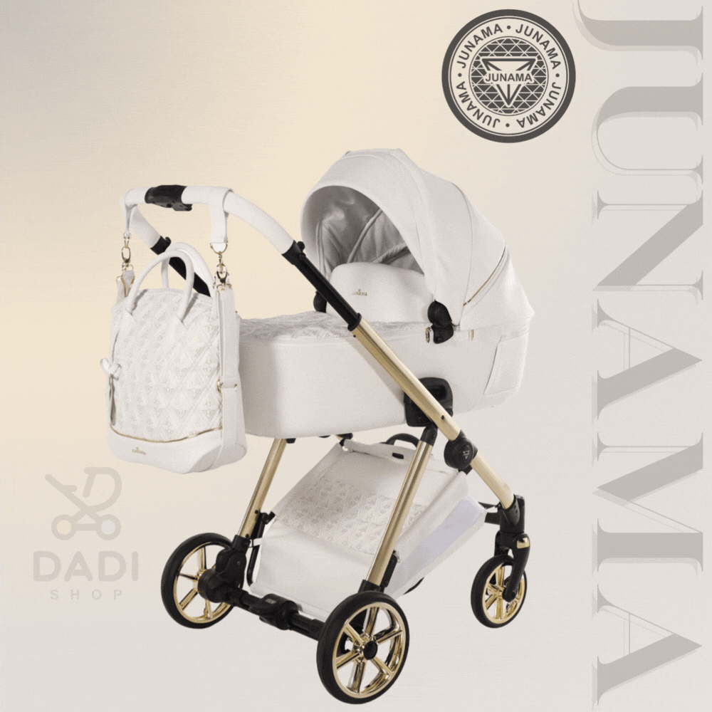 Biały wózek dziecięcy Junama Ellegante Art Deco na złotym stelażu z dopasowaną torbą, prezentowany w formie animacji gondola i spacerówka.