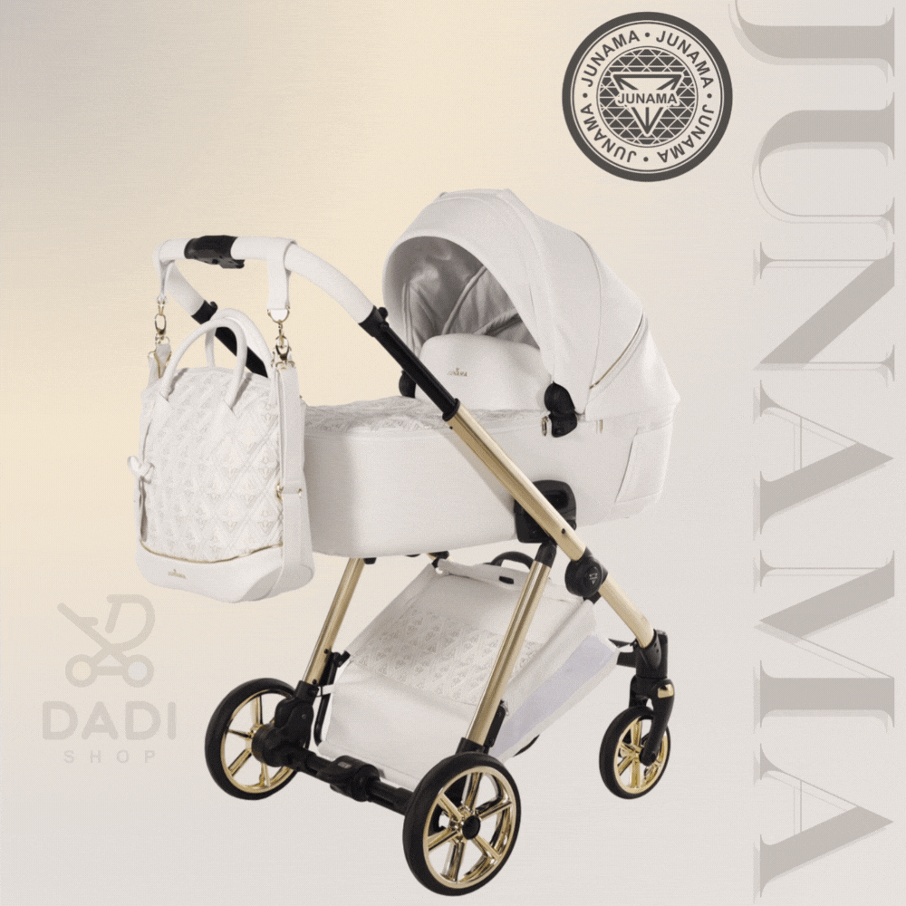 Biały wózek dziecięcy Junama Ellegante Art Deco na złotym stelażu z dopasowaną torbą, prezentowany w formie animacji gondola, spacerówka i fotelik samochodowy.