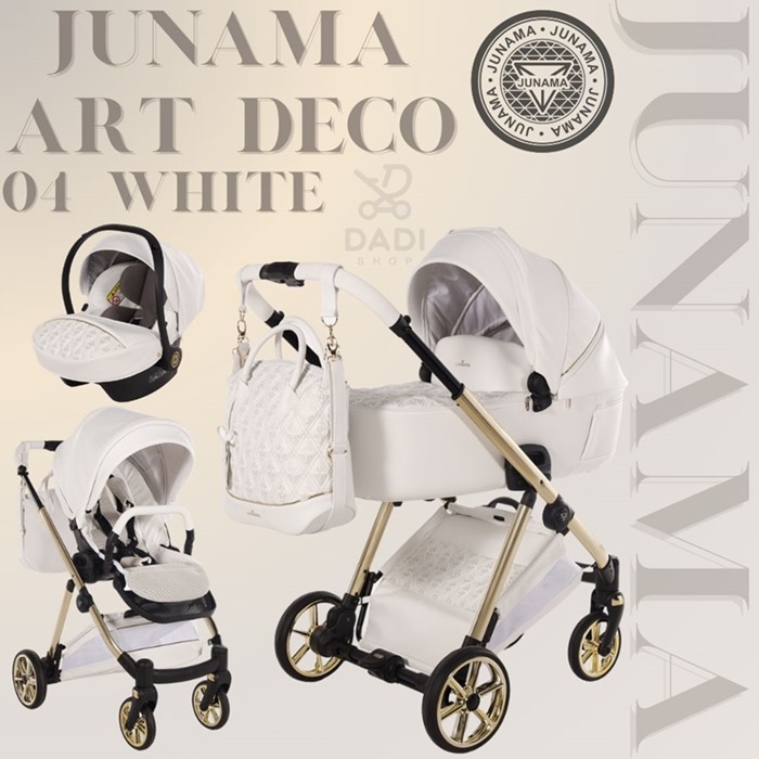 Kolaż prezentujący wózek Junama Art Deco 04 White w wersji z gondolą, spacerówką i fotelikiem na złotym stelażu.