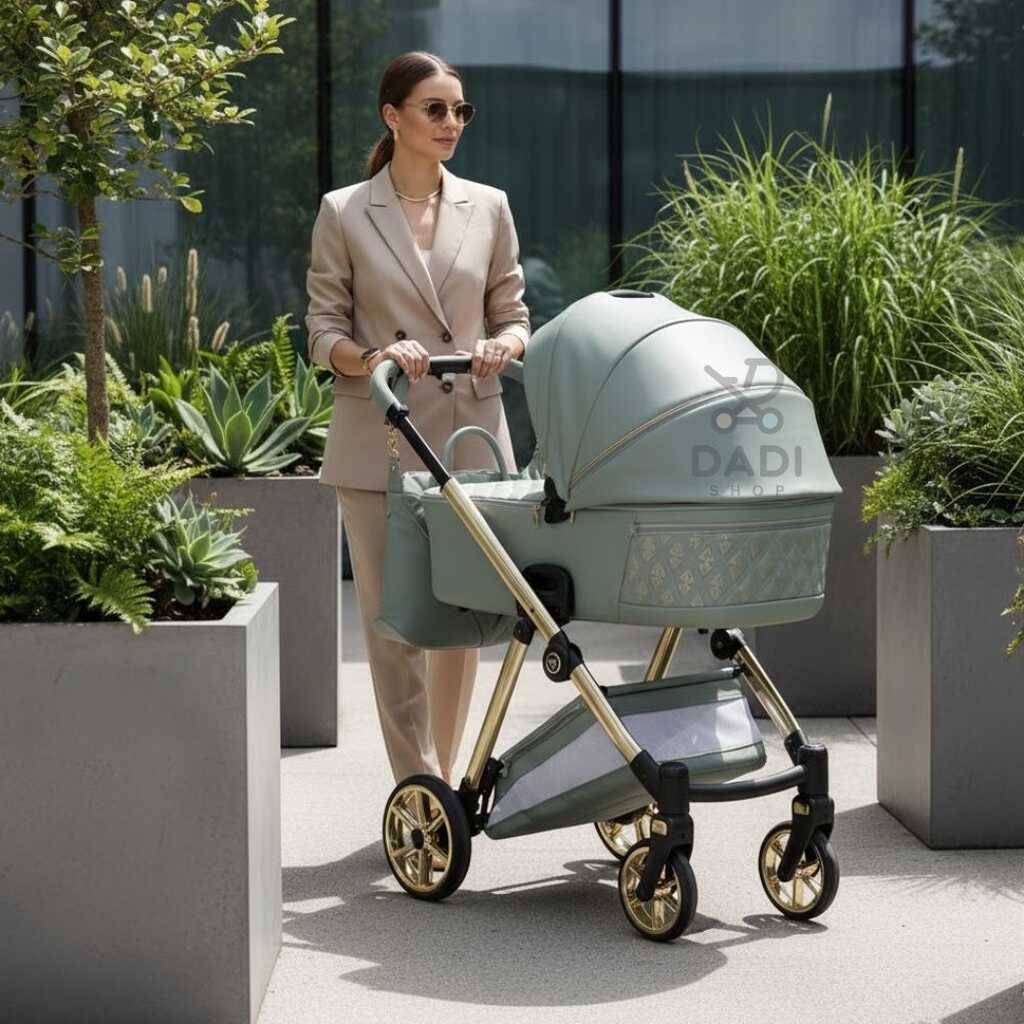 Elegancka kobieta prowadzi zielony wózek Junama Ellegante 05 na złotym stelażu wśród nowoczesnej roślinności.