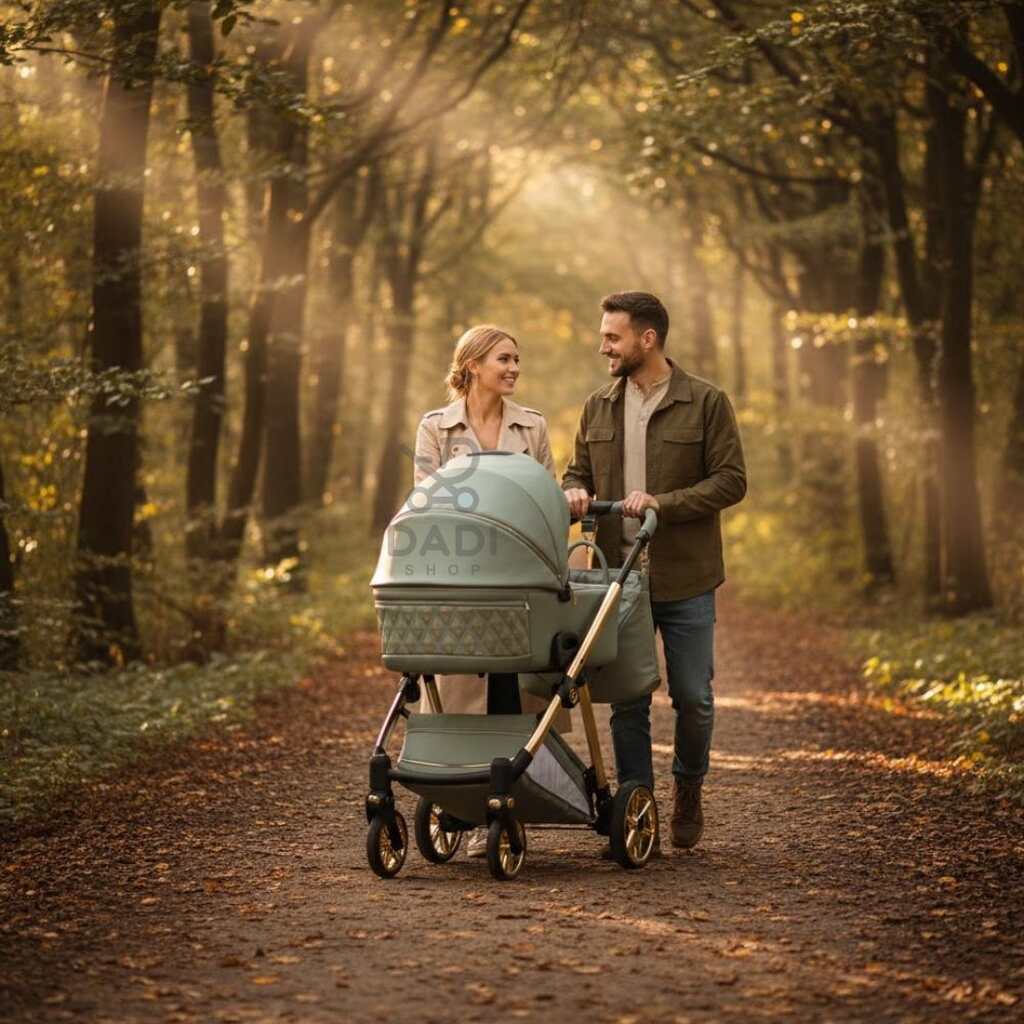 Para na spacerze z dzieckiem w jesiennym parku z wózkiem wielofunkcyjnym junama ellegante art deco 05 green.