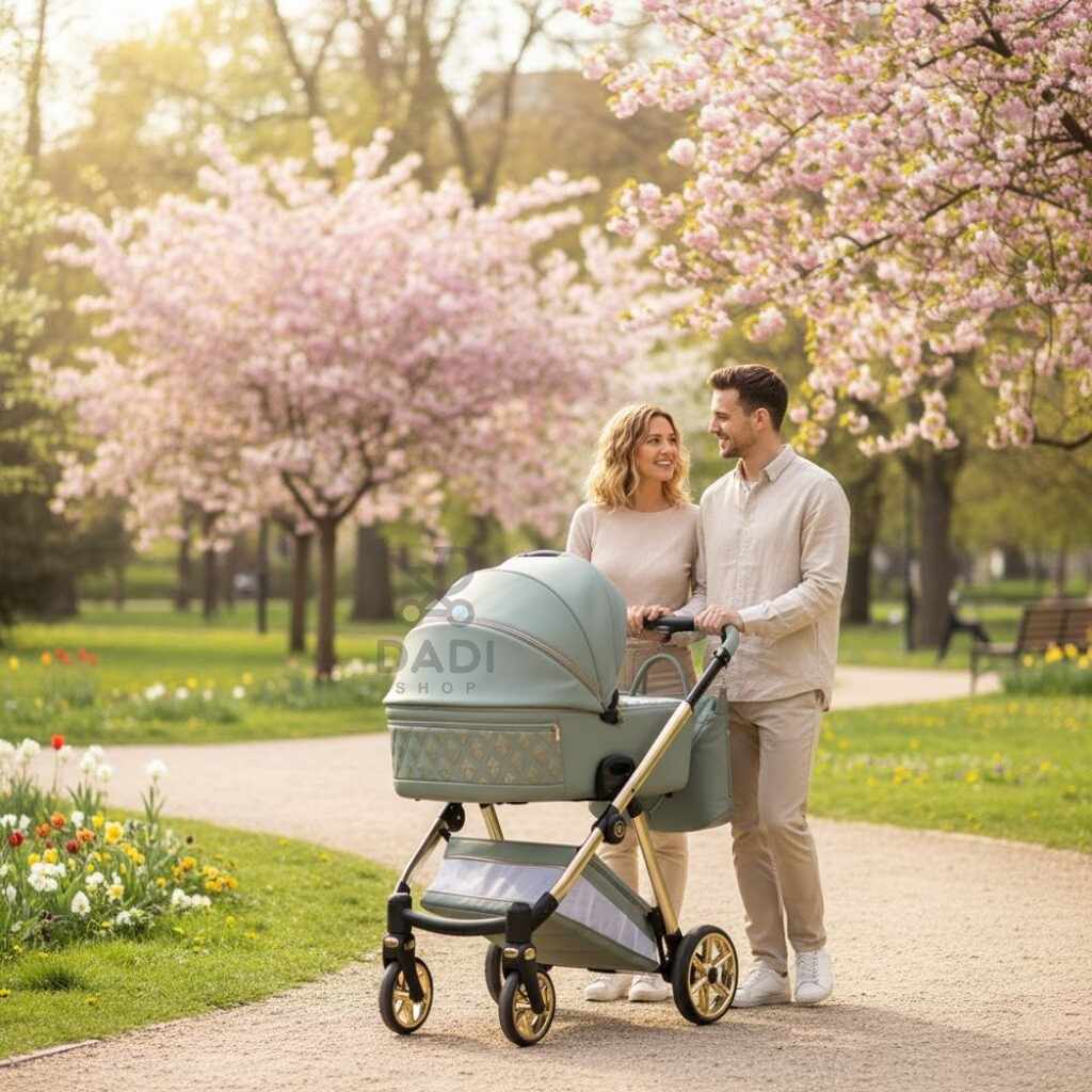 Mężczyzna i kobieta spacerują w parku z zielonym wózkiem Junama Ellegante Art Deco 05.
