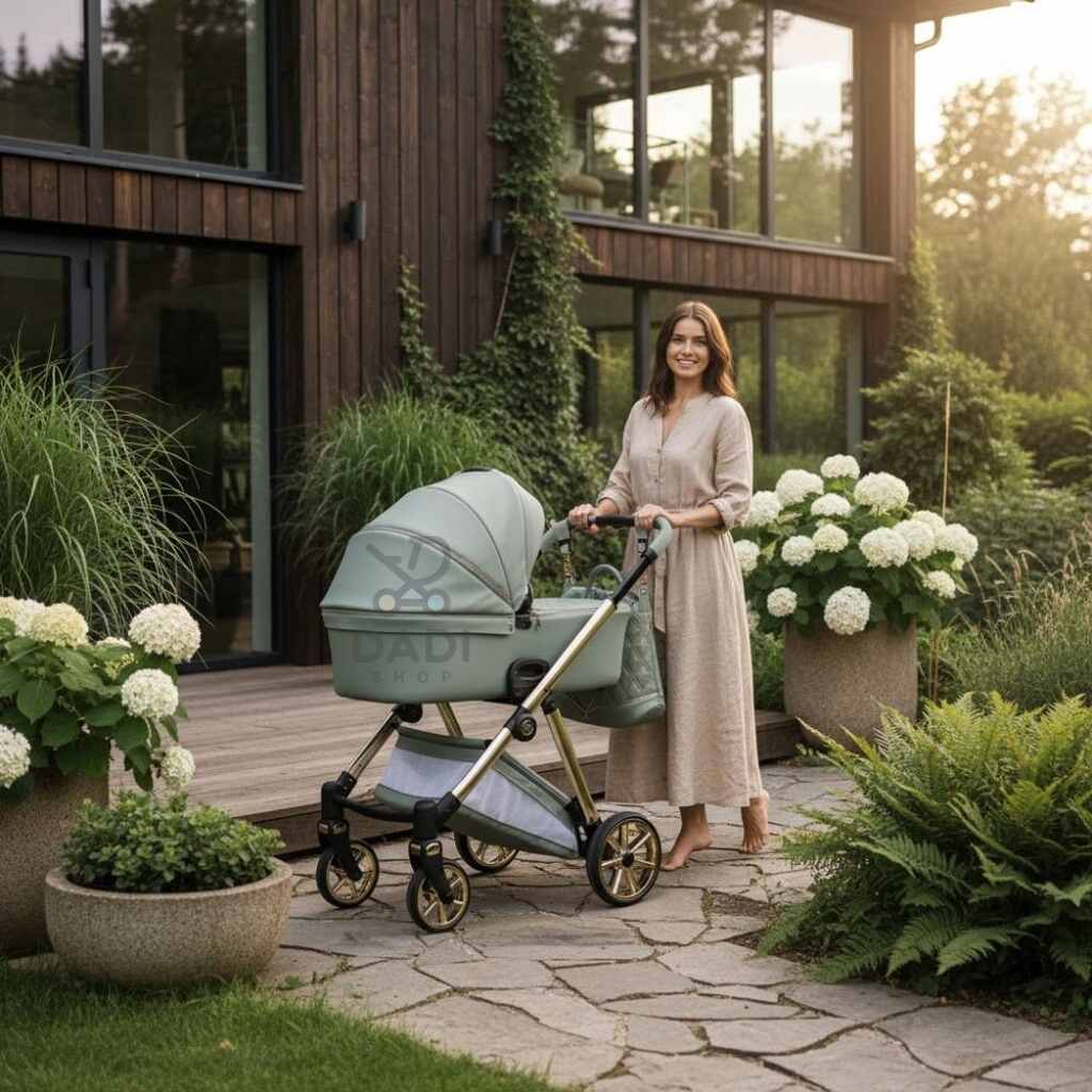 Uśmiechnięta kobieta na boso prowadzi zielony wózek Junama Ellegante 05 przed nowoczesnym domem z tarasem.