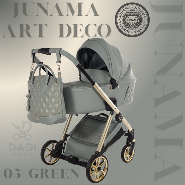 Wózek wielofunkcyjny dziecięcy Junama Ellegante Art Deco 05 Green ze złotym stelażem, na szałwiowym tle.