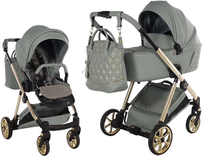 Zielony wózek Junama Ellegante Art Deco 05 w wersji z gondolą i spacerówką. Elegancki złoty stelaż.