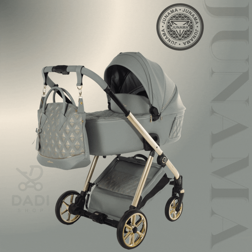 Animacja wózka Junama Ellegante Art Deco 05 Green. Prezentacja wersji z gondolą, spacerówką i fotelikiem.