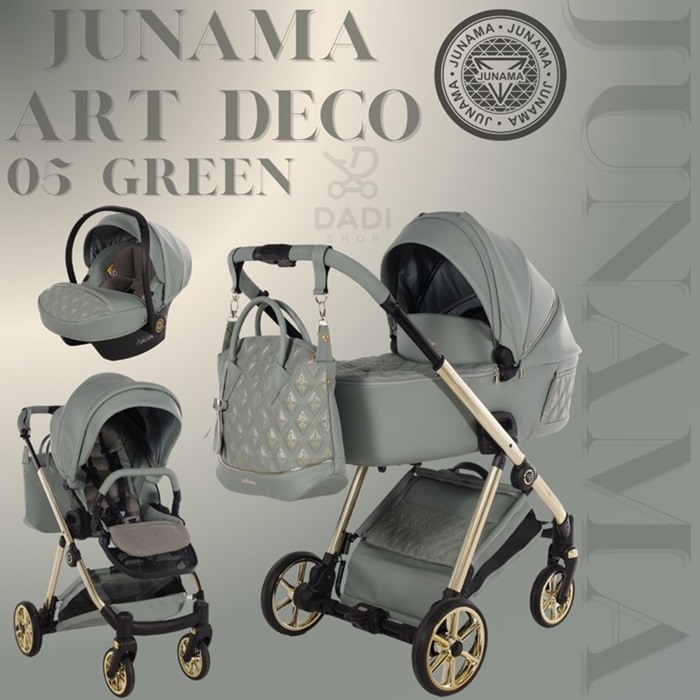 Zestaw 3w1 Junama Ellegante Art Deco 05 Green Gondola, Spacerówka i Fotelik z pasującym tłem khaki.