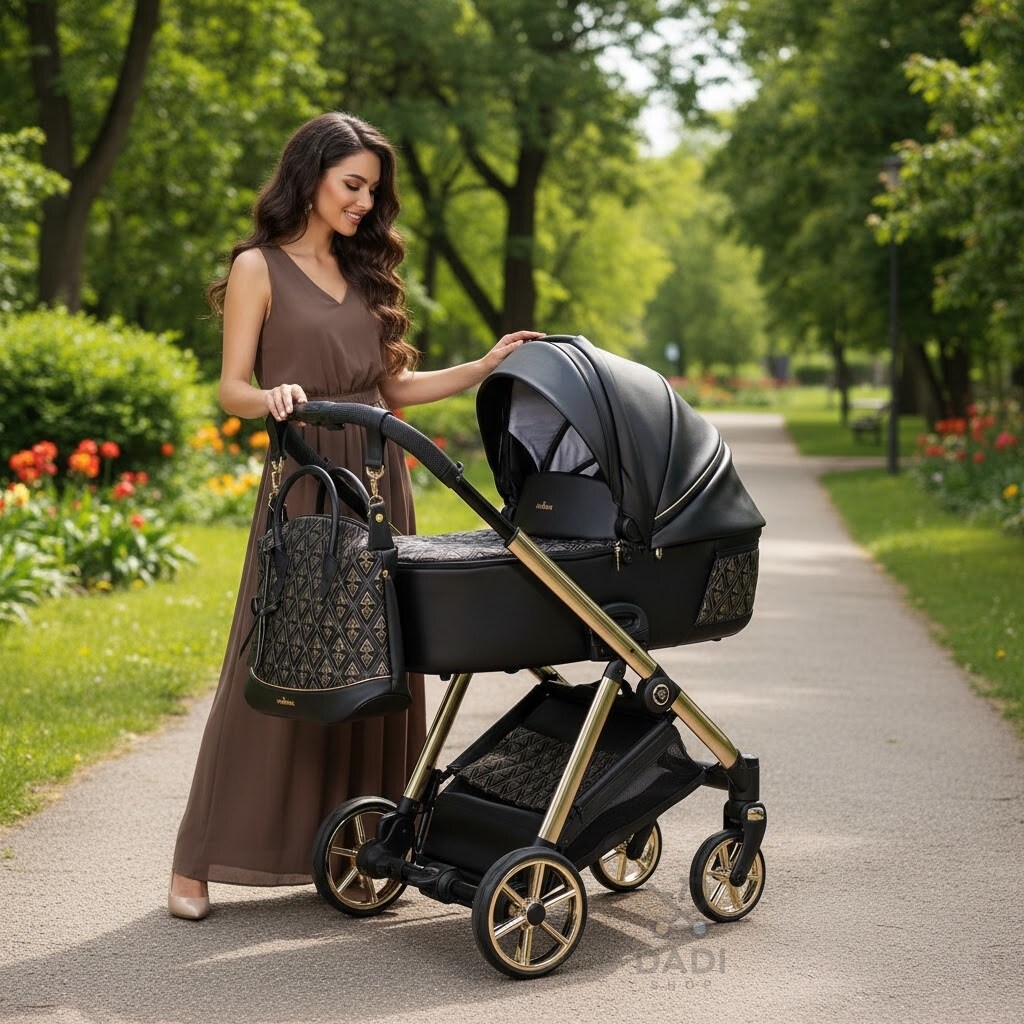 Modelka w brązowej sukience prowadzi wózek Junama Ellegante Art Deco 06 Black w słonecznym parku.
