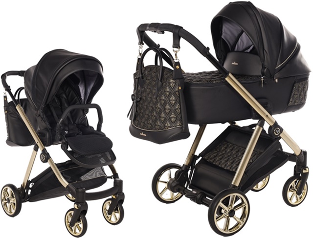 Wózek 2w1 Junama Ellegante Art Deco 06 Black. Zestaw z gondolą, spacerówką i torbą na złotym stelażu.