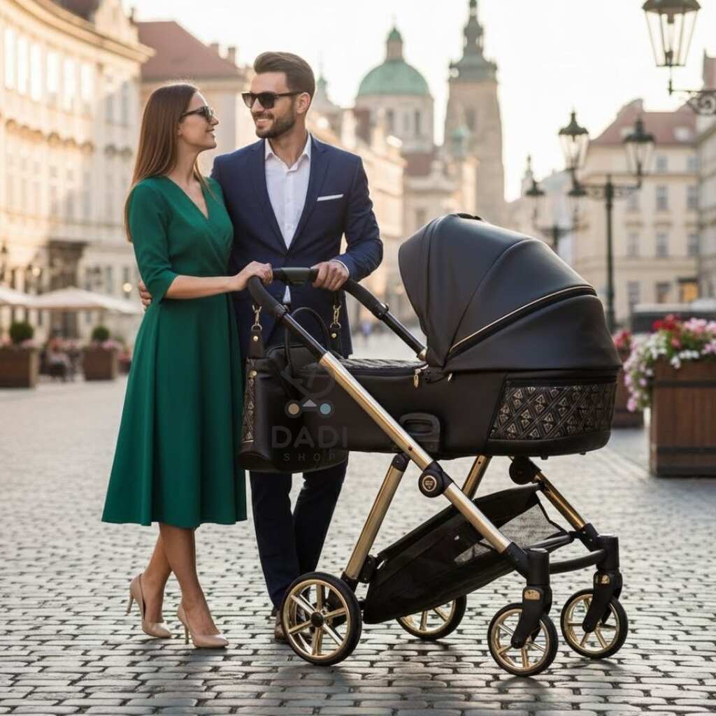 Elegancka para na spacerze z wózkiem Junama Ellegante Art Deco 06 Black na starówce.