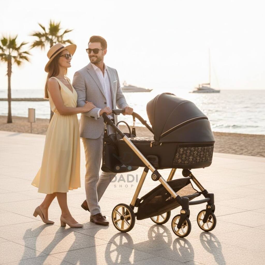 Para na spacerze z wózkiem Junama Ellegante Art Deco 06 Black nad morzem. Czarno-złoty wózek na plaży.