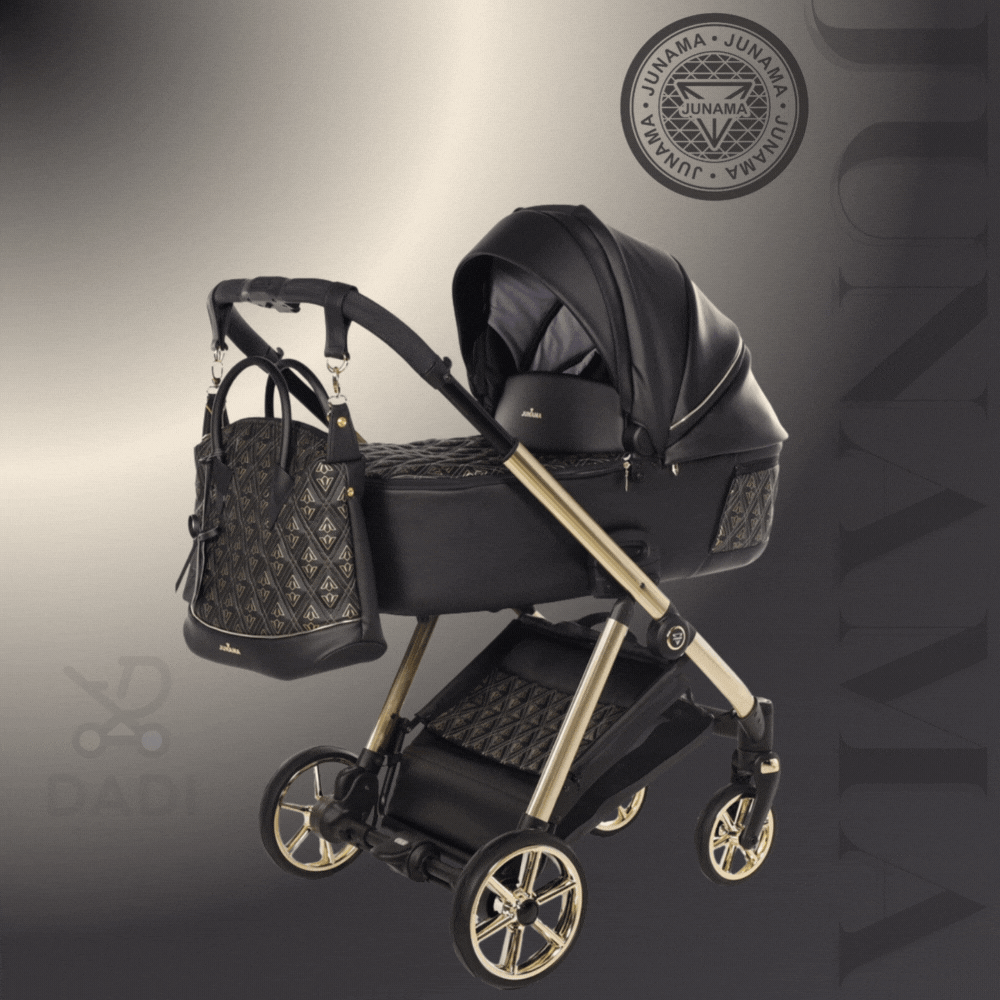 Prezentacja 3w1: Junama Ellegante Art Deco 06 Black – gondola, spacerówka i fotelik na złotym stelażu.