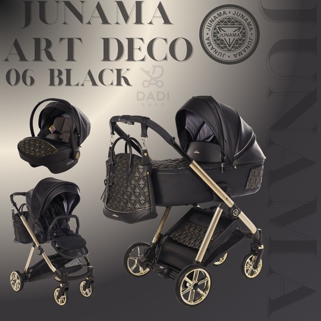 Wózek 3w1 Junama Ellegante Art Deco 06 Black – elegancki czarny zestaw z fotelikiem i złotą ramą.