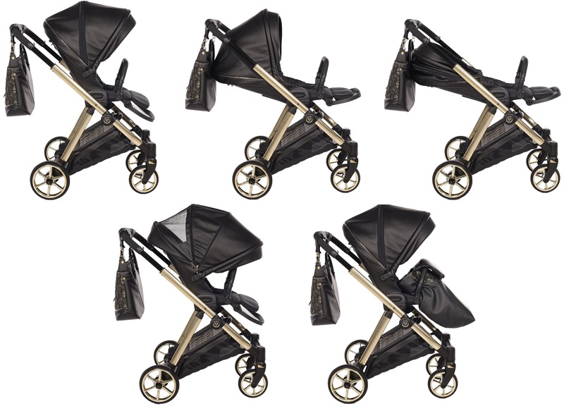 Spacerówka Junama Ellegante Art Deco 2w1 (Czarna). Ujęcia pozycji siedzącej i leżącej. Wózek z Art Deco ramą.