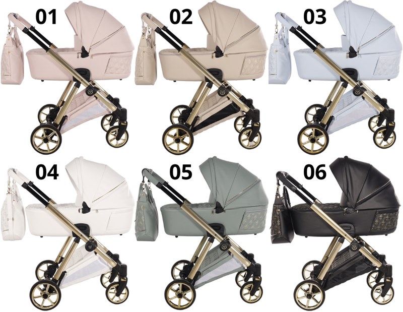 Przegląd 6 kolorów wózka Junama Ellegante Art Deco na złotych stelażach – od różu po czarny.