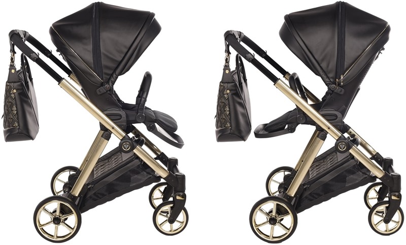 Moduł spacerowy Junama Ellegante Art Deco 2w1 (Czarny) z przekładanym siedziskiem. Złoty stelaż. Wygodny wózek spacerowy.
