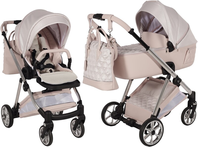 Junama Ellegante 01 Pink 2w1: Zobacz zestaw gondola + spacerówka. Luksusowy, różowy wózek dla dziewczynki, pełen stylu i komfortu.