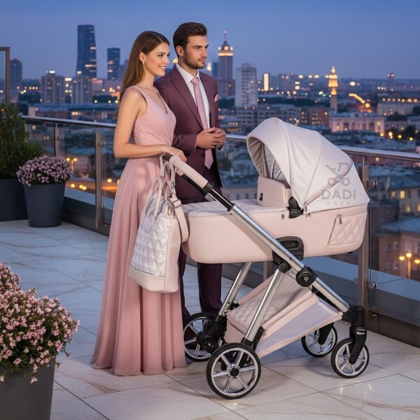 Junama Ellegante Lame 01 Pink: Luksusowy wózek wielofunkcyjny dla dziecka na wieczorne wyjścia. Elegancja i styl premium w miejskim wydaniu.